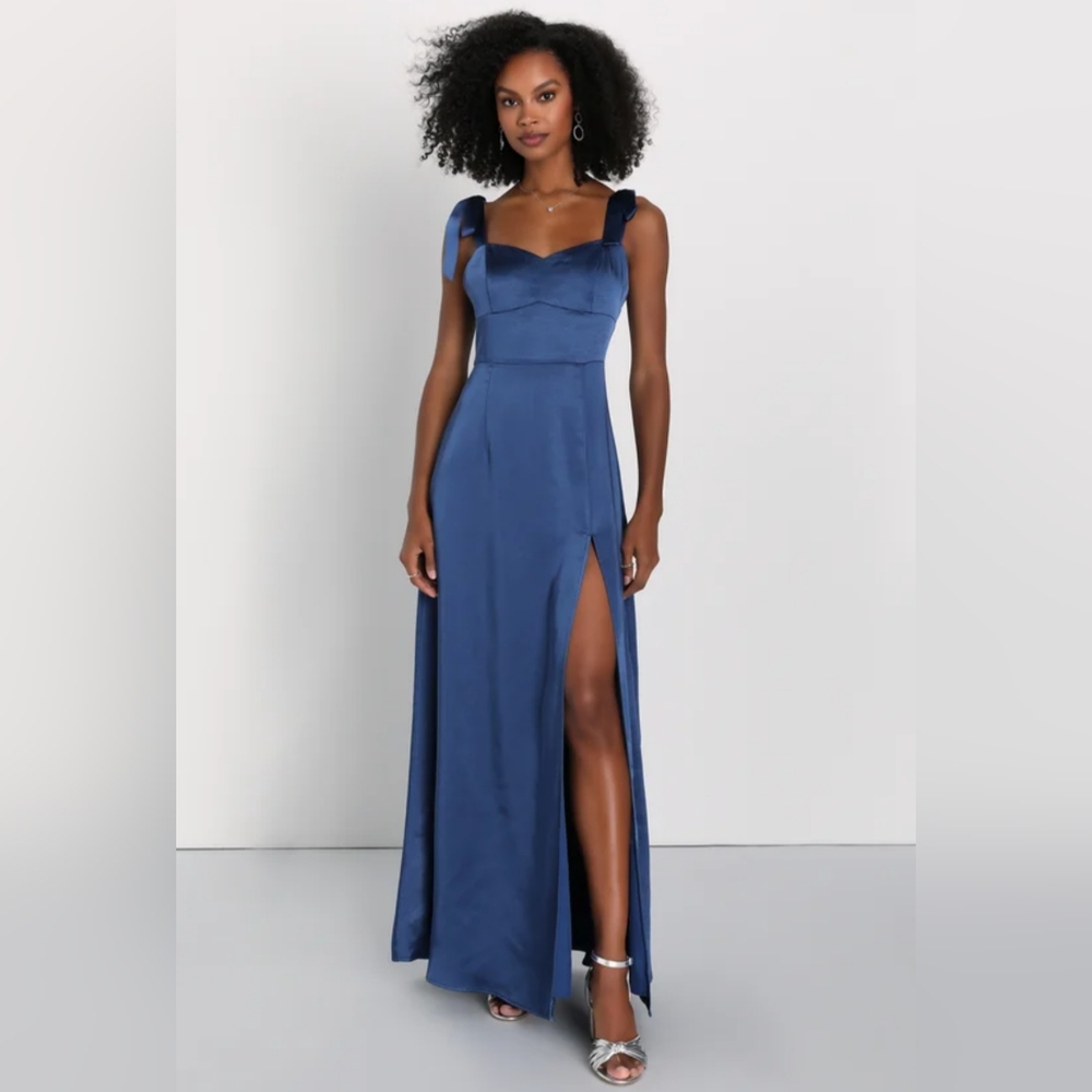 NWOT Lulu's Navy Blue Satin Tie-Strap Maxi Dress XL=14/16